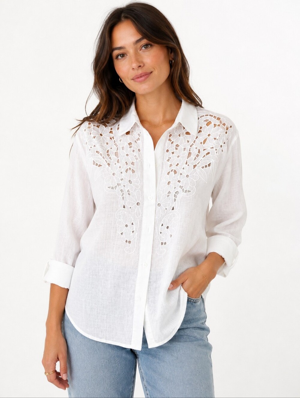 COMO White Floral Cutout Embroidered Button Front Blouse Size 12